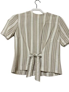 Striped Tie-Back Short Sleeve Blouse in Cream and Tan